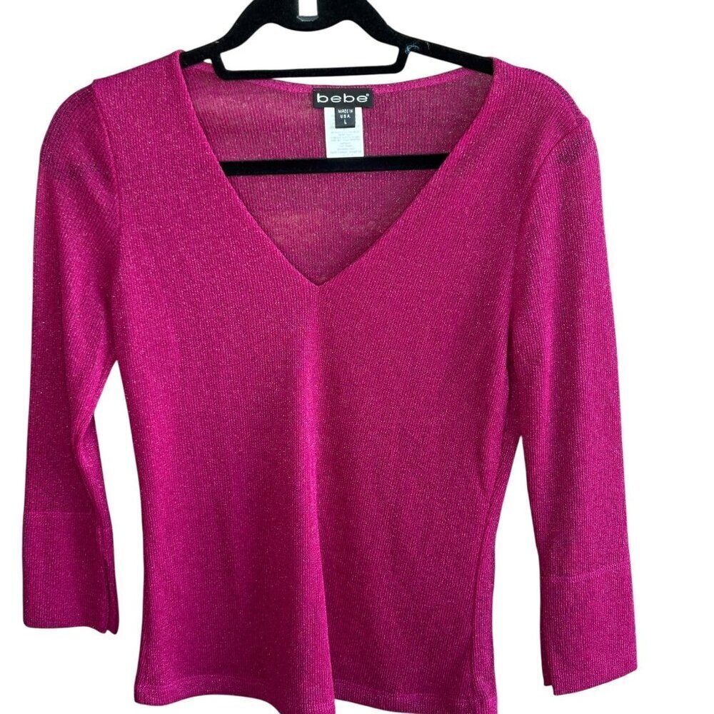 Bebe Vintage Fuchsia Metallic V Neck Sweater Size Large